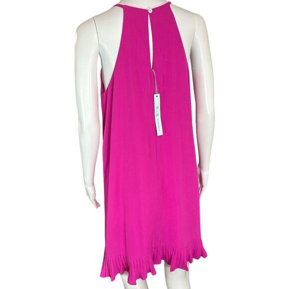 NWT She + Sky Pleated Hem Halter Dress Fuchsia Pink Size M Keyhole Midi Preppy - Picture 2 of 11